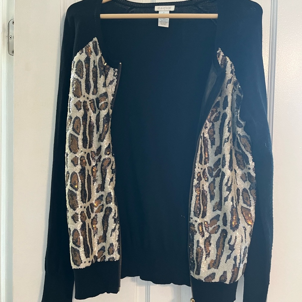 Cache Front Zip Sequin Leopard Print Sweater - image 2
